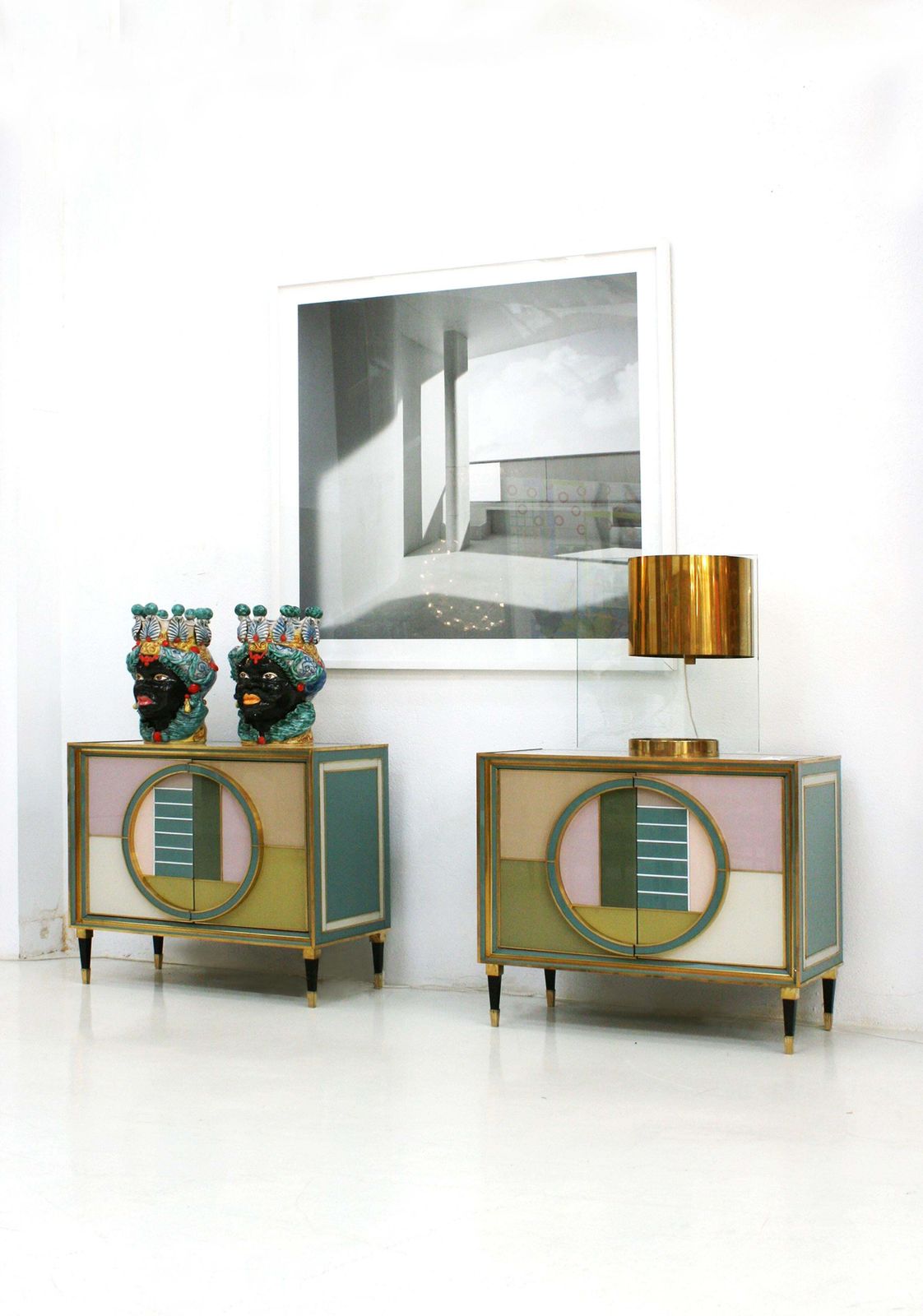 7152.0 Mid Century Modern Style Italian Cabinet Wood, Brass And Colored Glass photo