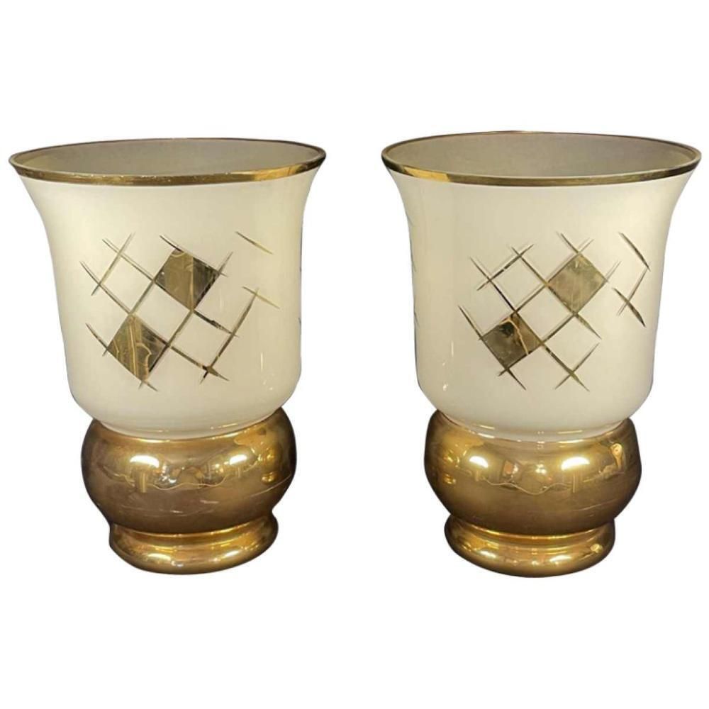 Home Decor Art Deco Golden Sandblasted Glass Vases By Verreries De Laeken, 1935, Set Of 2 photo