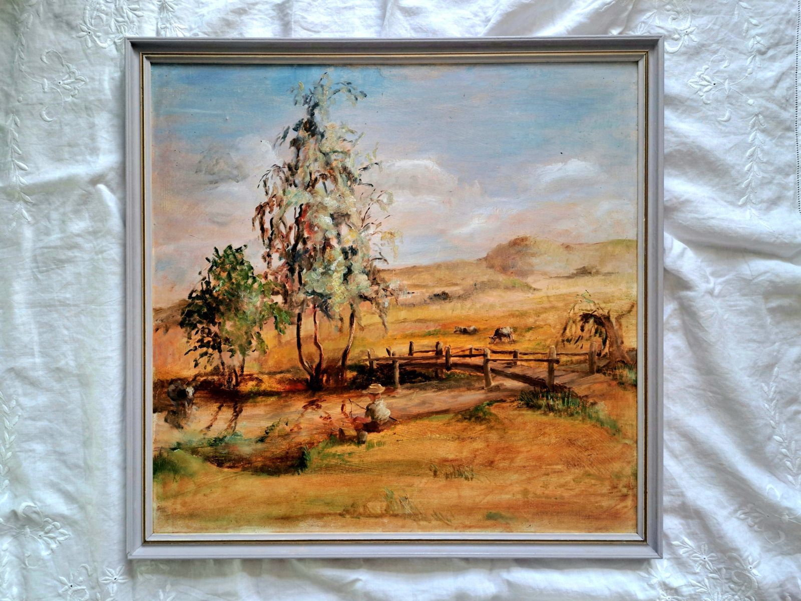 Vintage Oil Painting Of A Boy Fishing In A Rural Landscape photo furniture