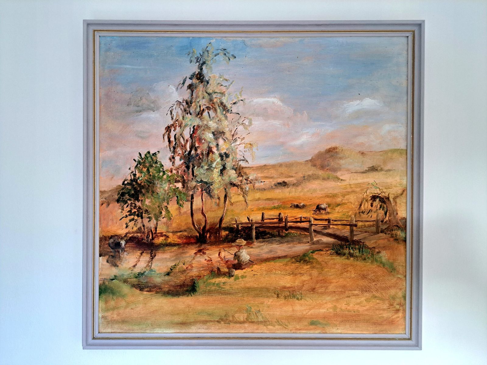 Vintage Oil Painting Of A Boy Fishing In A Rural Landscape photo for sale
