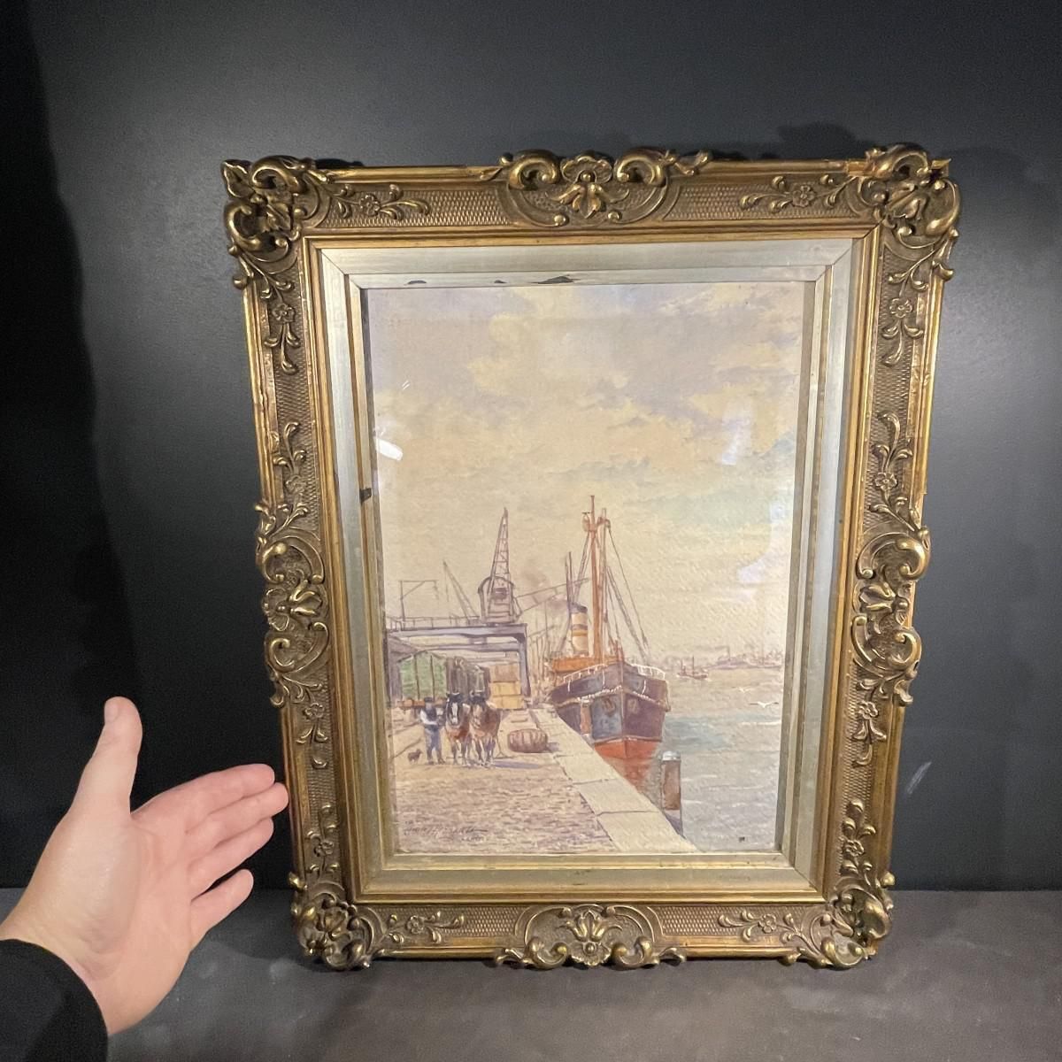 Emile Lhernault, Dock In Brussels, Aquarel, Jaren 1910 photo vintage
