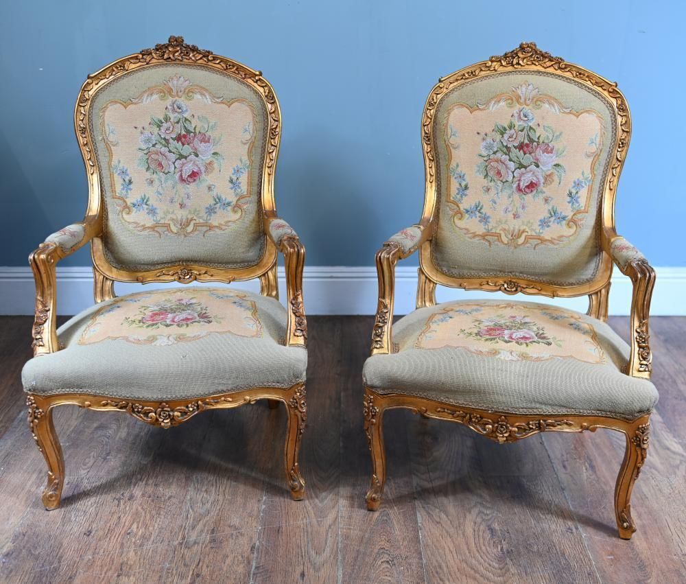 Pair French Armchairs Louis XV Gilt Fauteuil Needlepoint