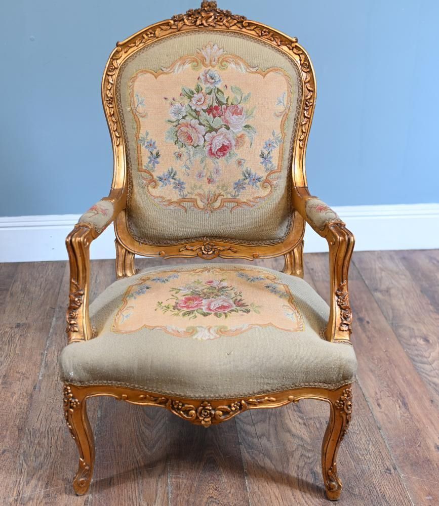 Pair French Armchairs Louis XV Gilt Fauteuil Needlepoint photo furniture