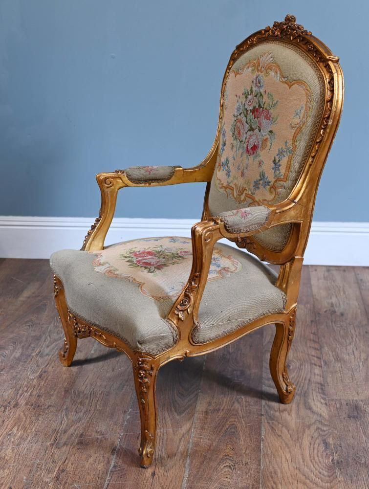 Pair French Armchairs Louis XV Gilt Fauteuil Needlepoint photo buy