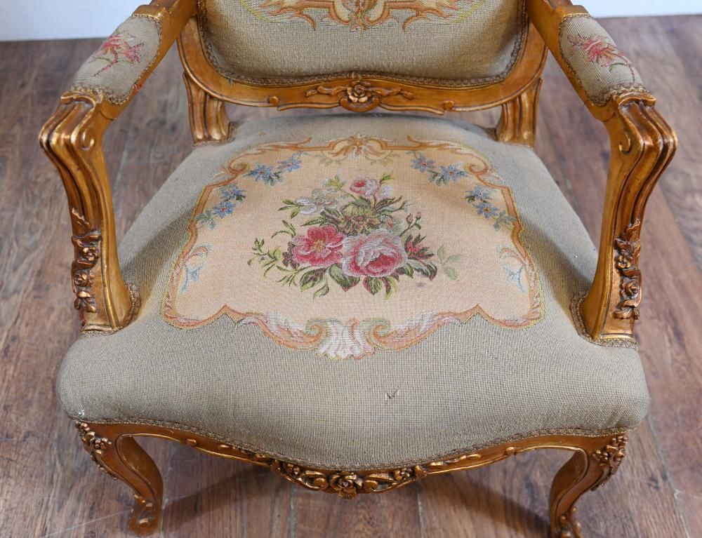 Pair French Armchairs Louis XV Gilt Fauteuil Needlepoint photo vintage