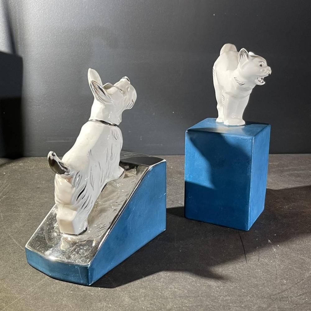 photo buy Art Deco Asymmetrical Bookends In White Blue Chrome & Ceramic, 1930s, Set Of 2