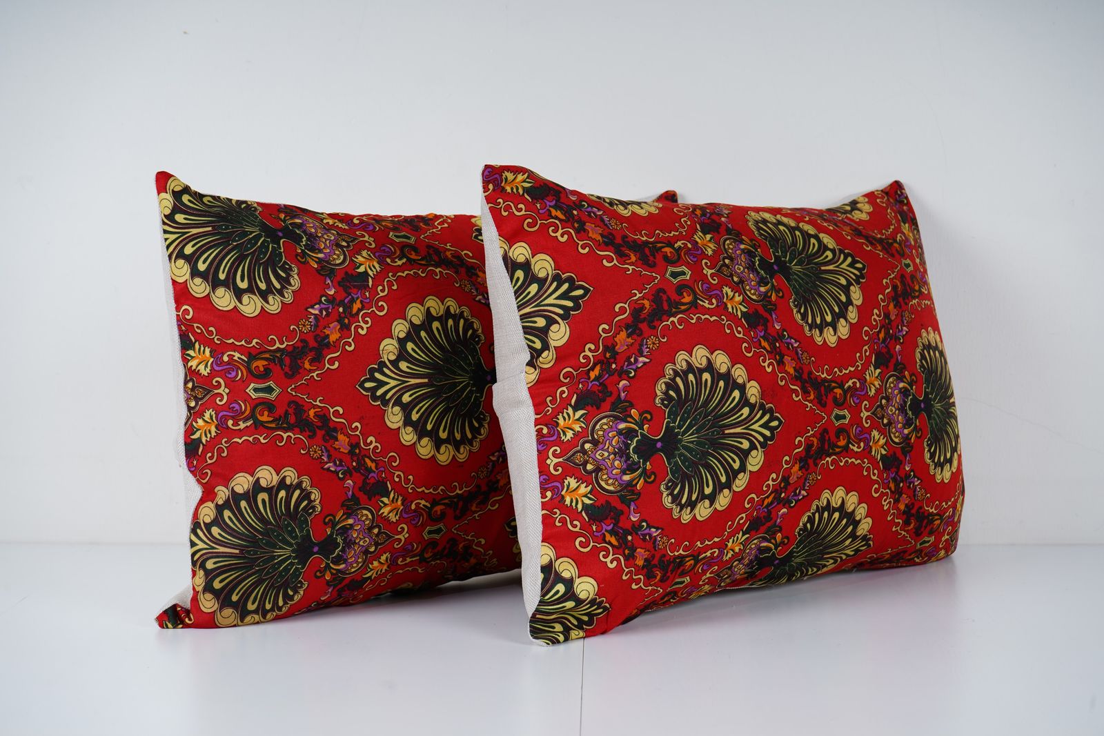 Ethnic Uzbek Roller Printed Lumbar Pillow Set, Red And Gold Handmade Cushion Cover photo furniture