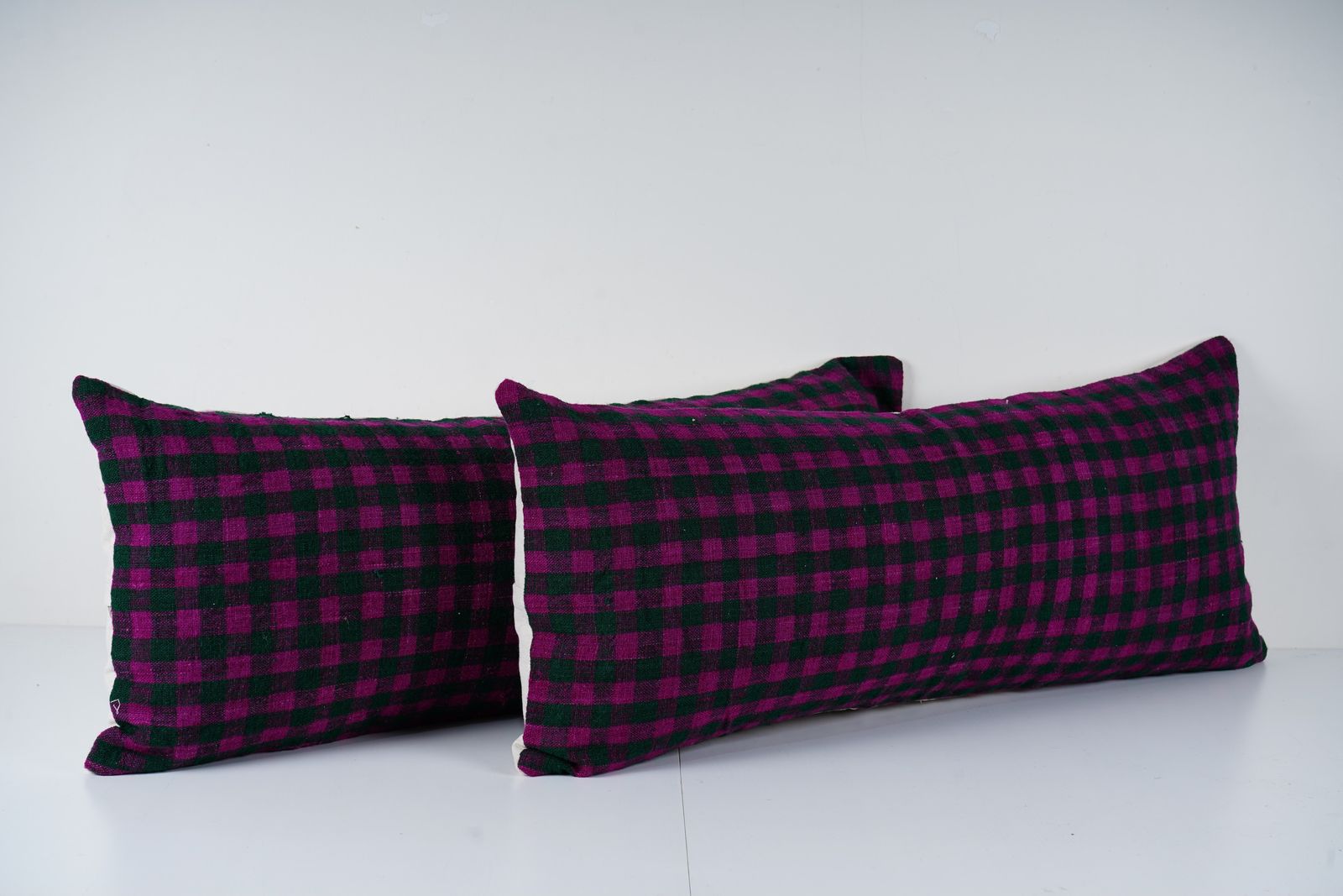 Handmade Turkish Rug Pillow Covers: Vintage Checkered Lumbar Cushions (Set Of Two) photo for sale