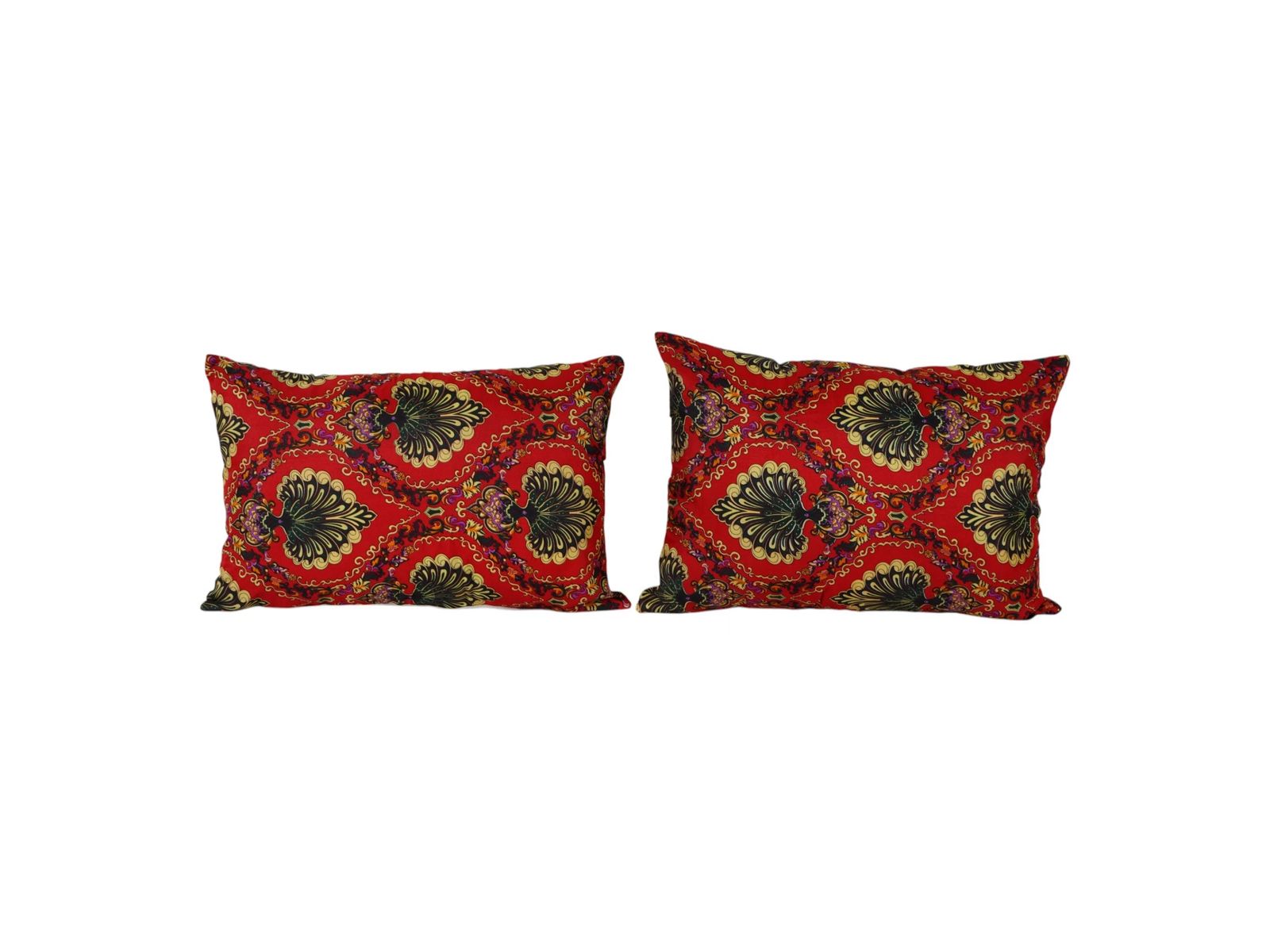 Red And Gold Uzbek Roller Printed Lumbar Pillow Cover Set, Handmade Ethnic Cushion Covers, Boho Decorative Pillows