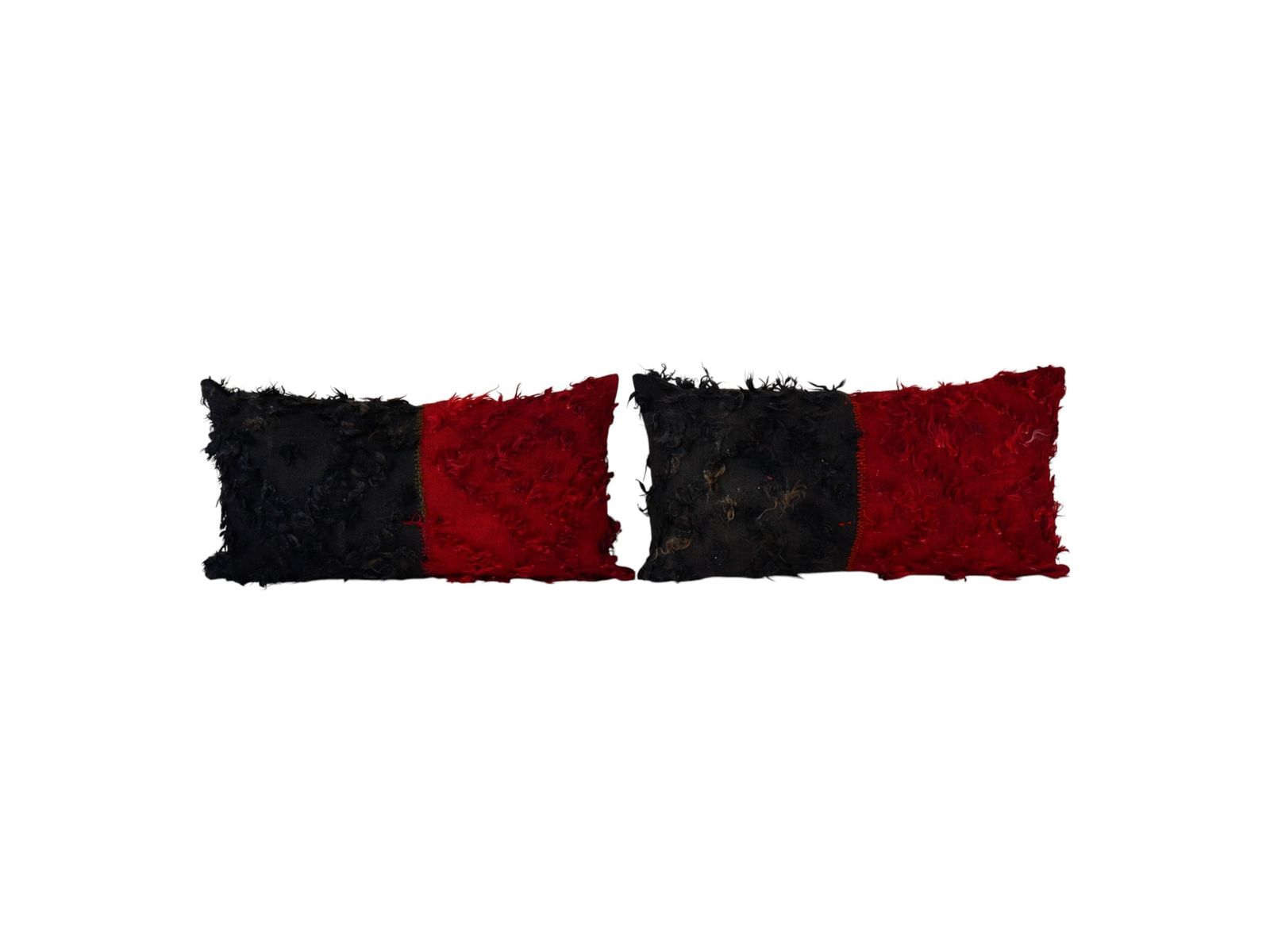 Dark Red Tulu Lumbar Pillow, Set Of Two Vintage Handwoven Cushion, Turkish Shaggy Flokati Decor