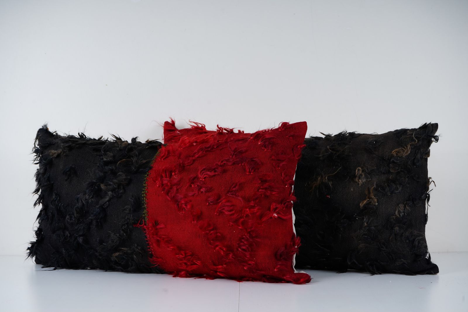 Dark Red Tulu Lumbar Pillow, Set Of Two Vintage Handwoven Cushion, Turkish Shaggy Flokati Decor photo Textiles