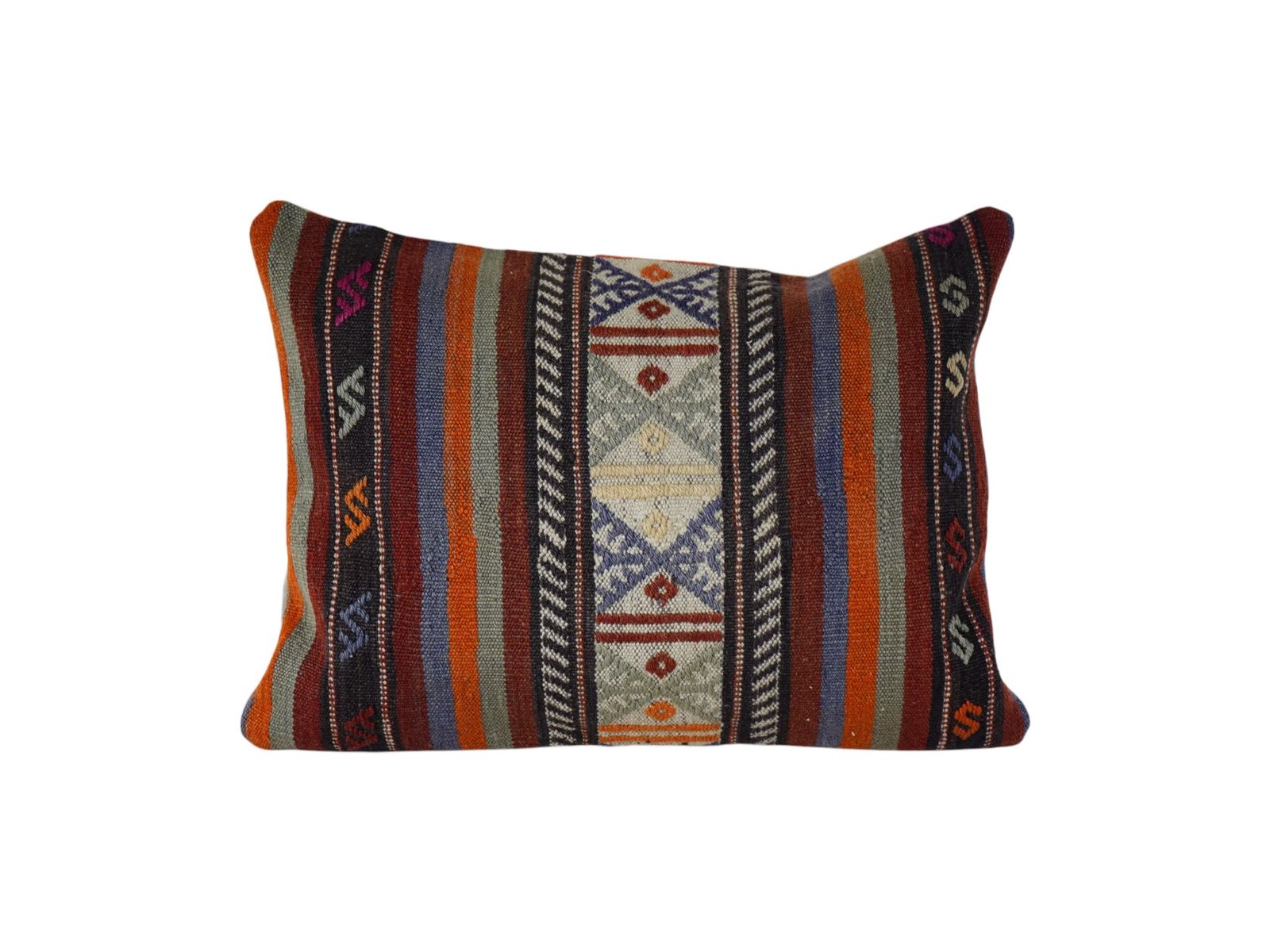 Handmade Organic Wool Lumbar Striped Lumbar Kilim Pillow Cover, Ethnic Chair Cushion Decor From Anatolian