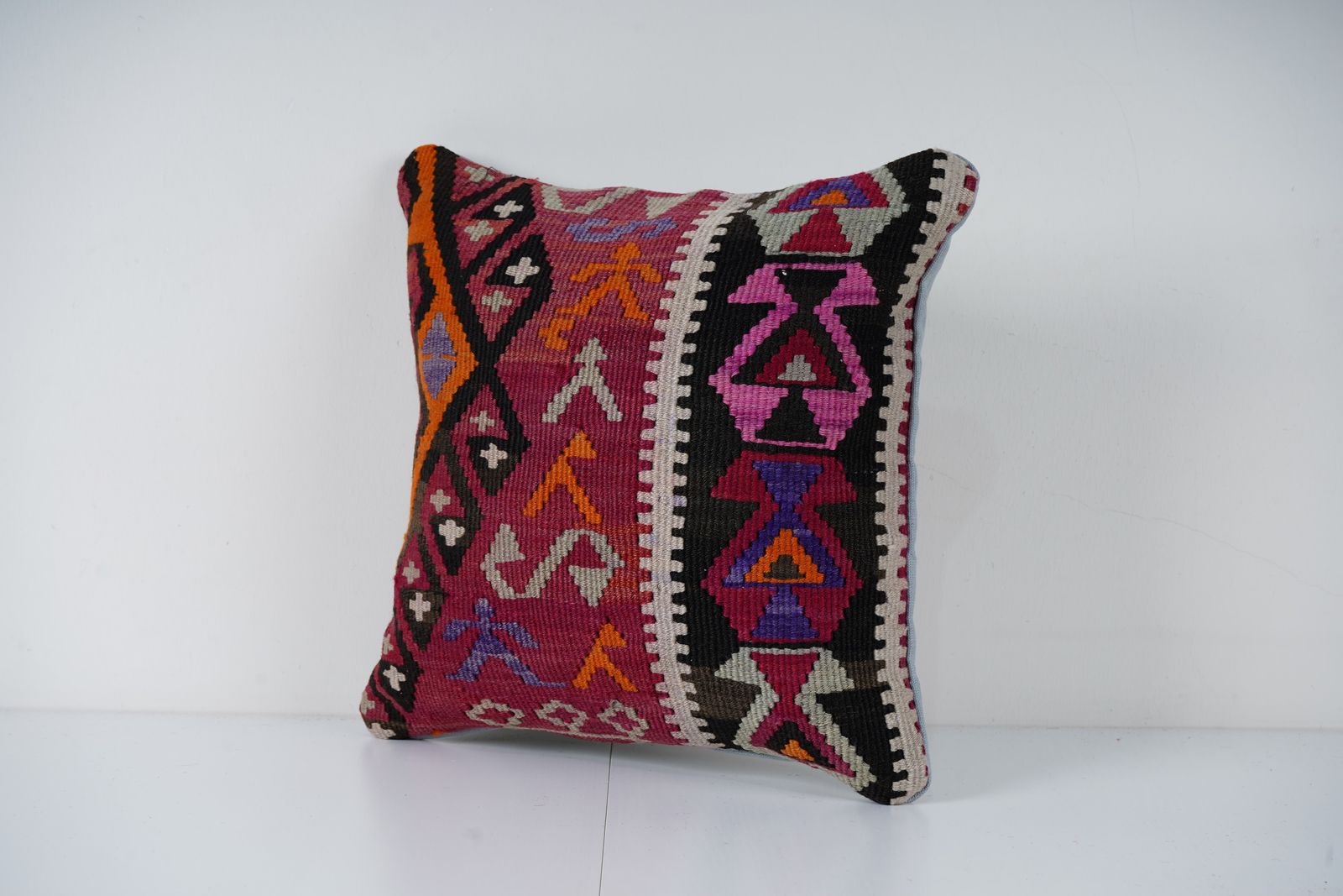 Turkish Kilim Square Pillow Cover, Boho Tribal Geometric Handmade Cushion photo Textiles