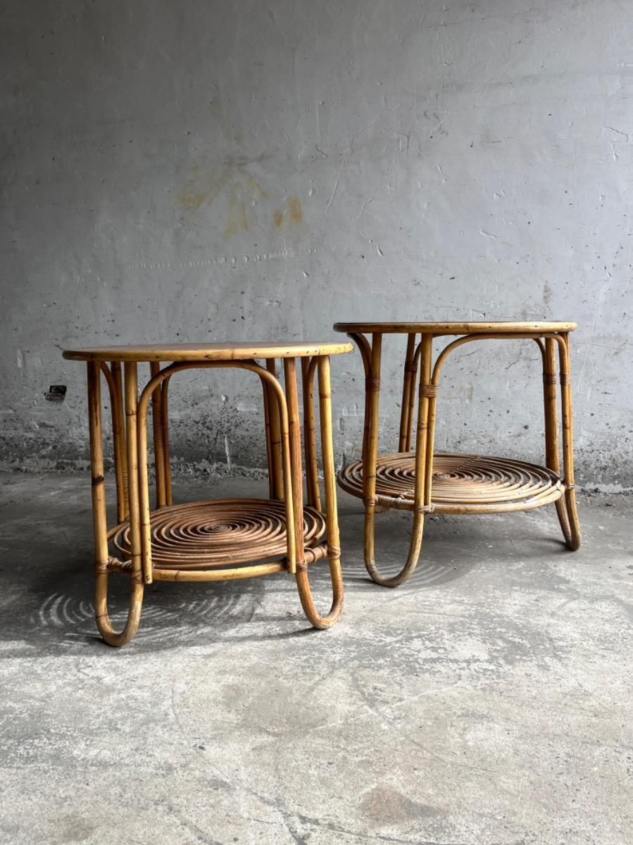 photo for sale Vintage Rattan Side Tables In The Style Of Rohé Noordwolde, Set Of 2