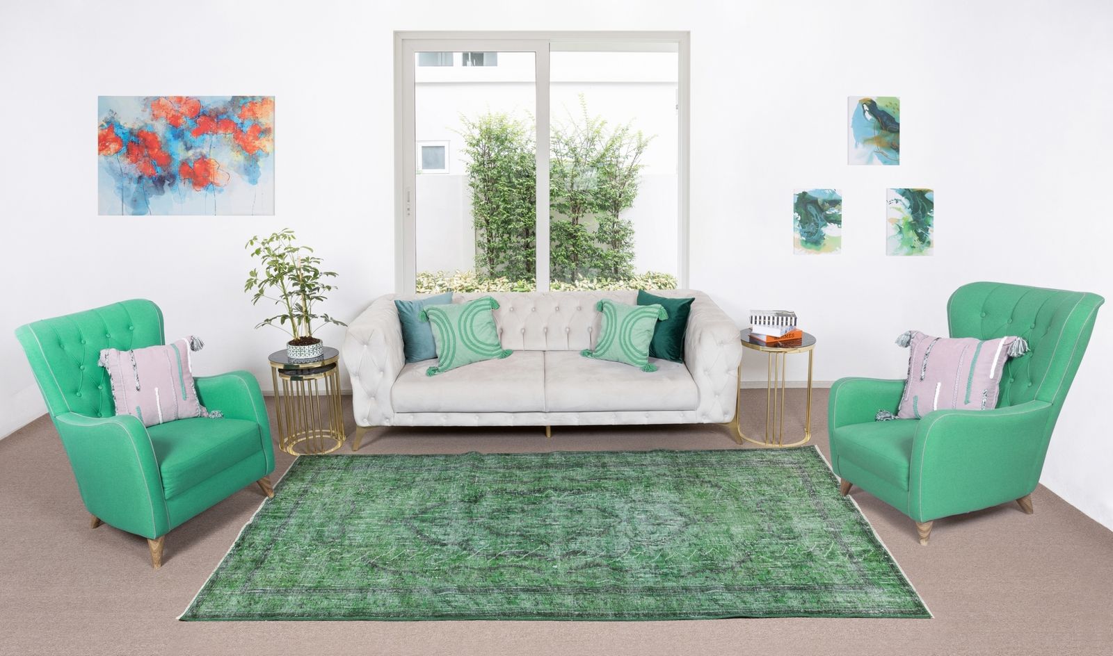 5.6x9.6 Ft Distressed Handmade Vintage Central Anatolian Rug Over Dyed In Green photo furniture