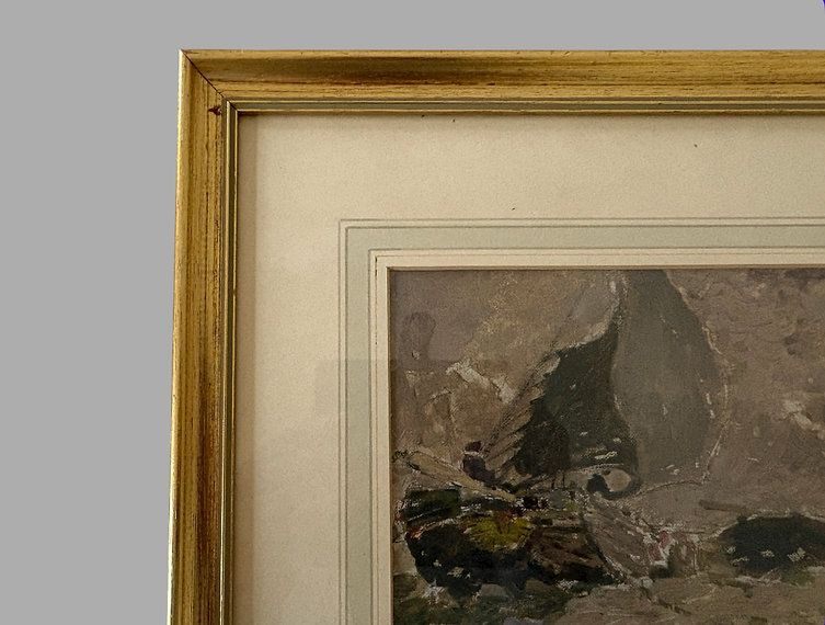 Mid 20th Century Oil Seascape – Ship On The Rocks photo for sale