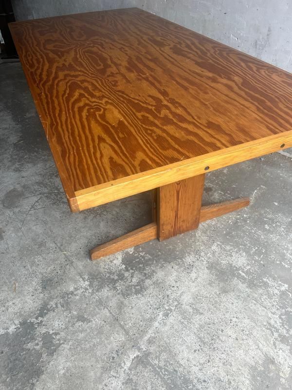 Brutalist Pine Trestle Table In The Style Of Pierre Chapo, 1970s photo vintage