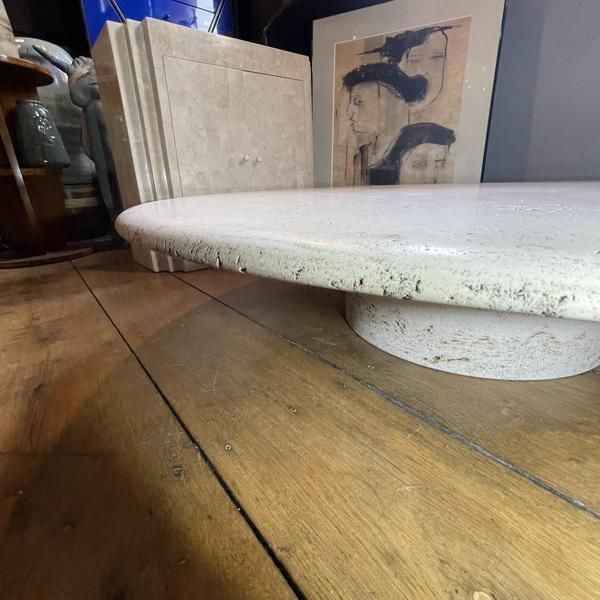 Round Travertine Coffee Table With Central Cylindrical Base By Angelo Mangiarotti For Up & Up, 1970s photo furniture