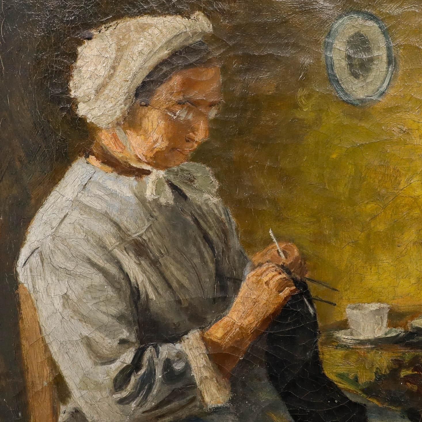 Framed Late 19th Century Oil Elderly Woman Knitting photo Art