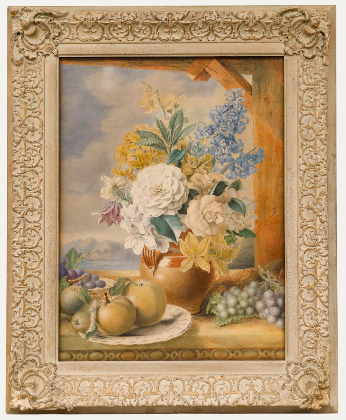 English School Late 19th Century Watercolour Still Life Of Fruit & Flowers