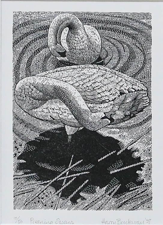 Harry Brockway (1958 2024) 1997 Wood Engraving, Preening Swans photo furniture