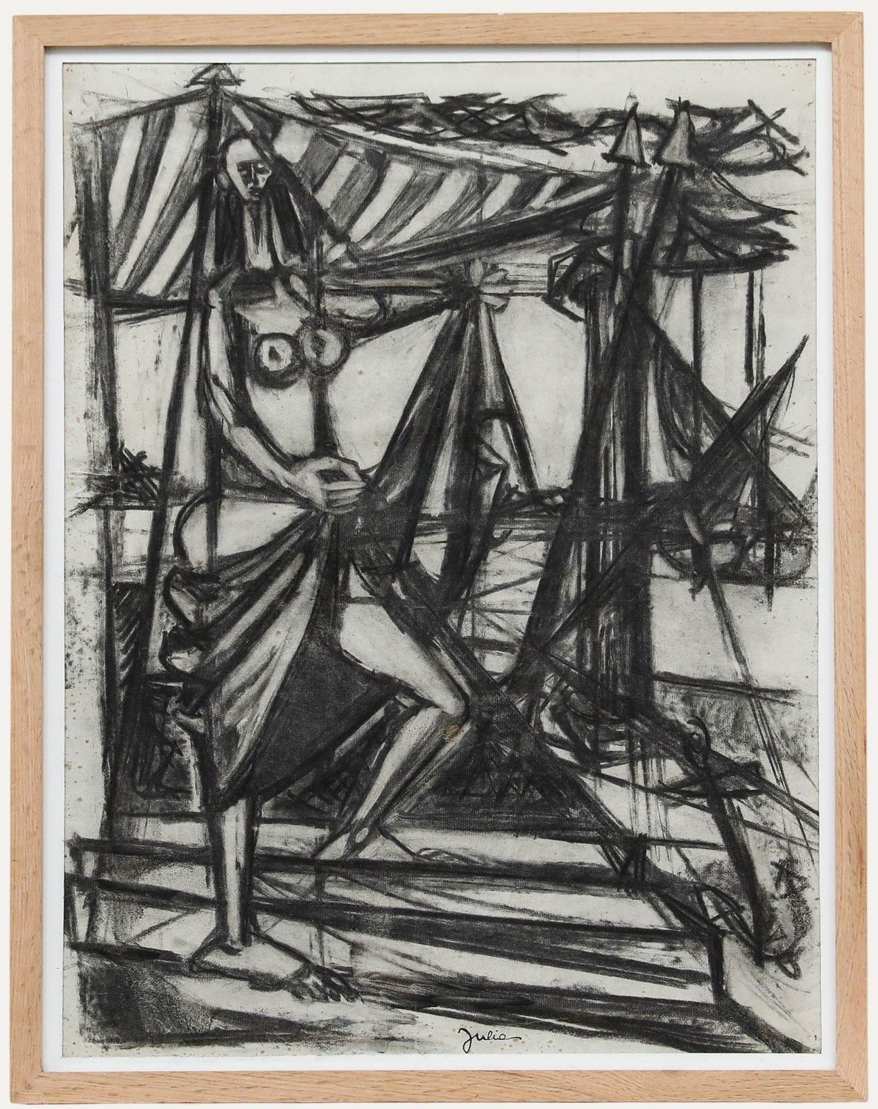Christian Julia (1921 1991) Mid 20th Century Charcoal Drawing, At Work