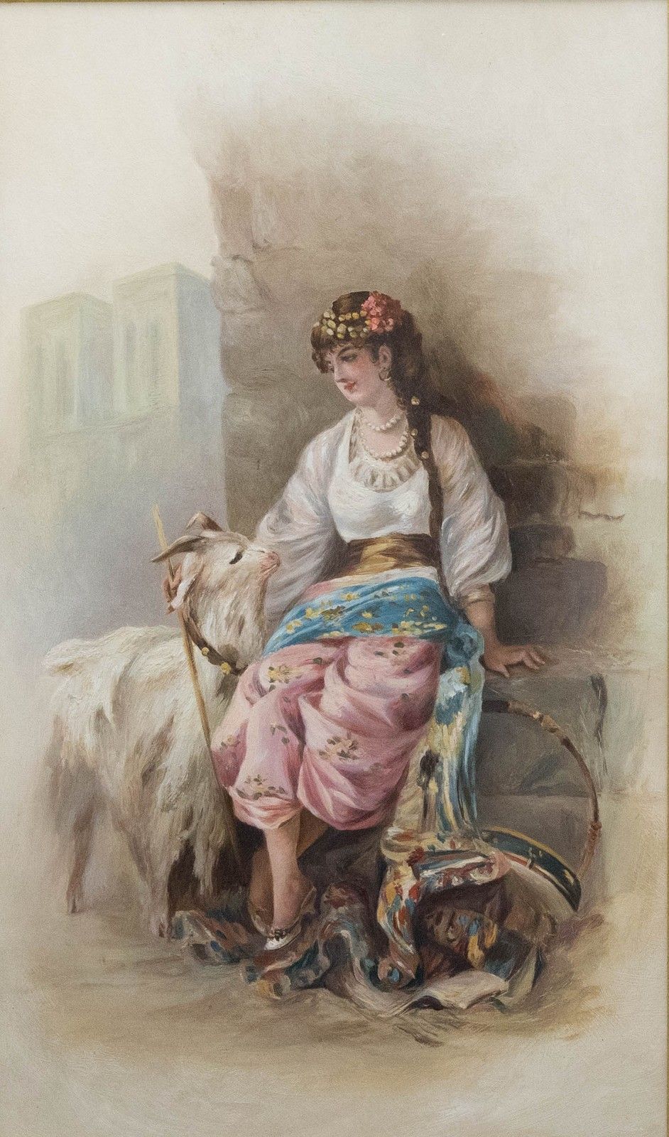 Framed Late 19th Century Oil Parisian Gypsy With Goat photo furniture