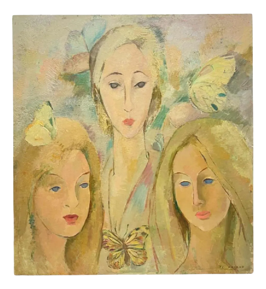 Roland Flory, The Butterflies, 3 Women's Faces, Oil Painting On Panel, 1975