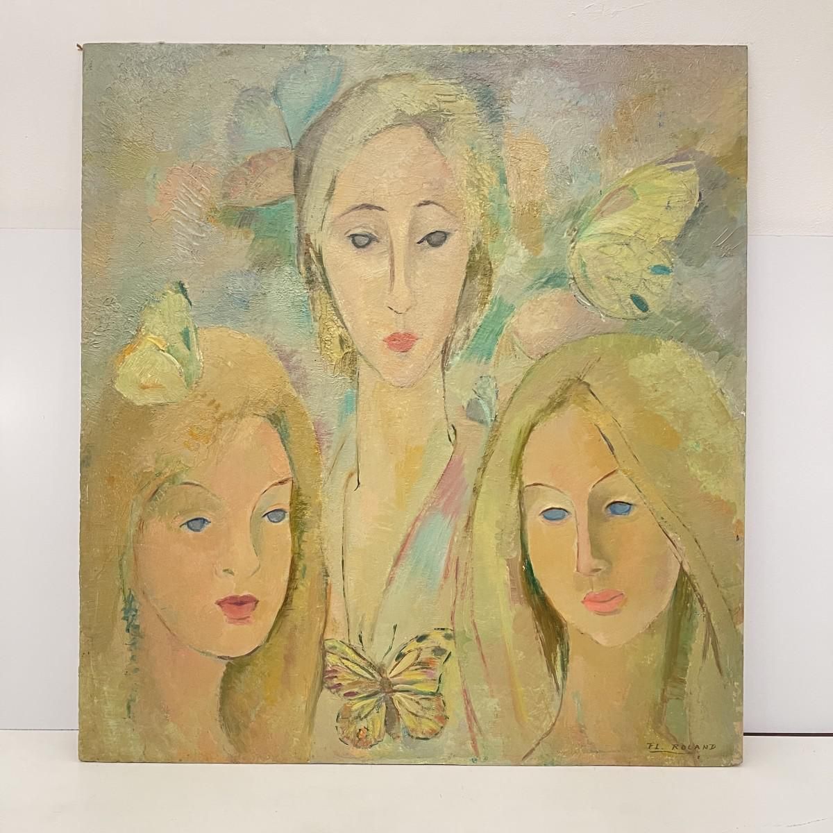 photo for sale Roland Flory, The Butterflies, 3 Women's Faces, Oil Painting On Panel, 1975
