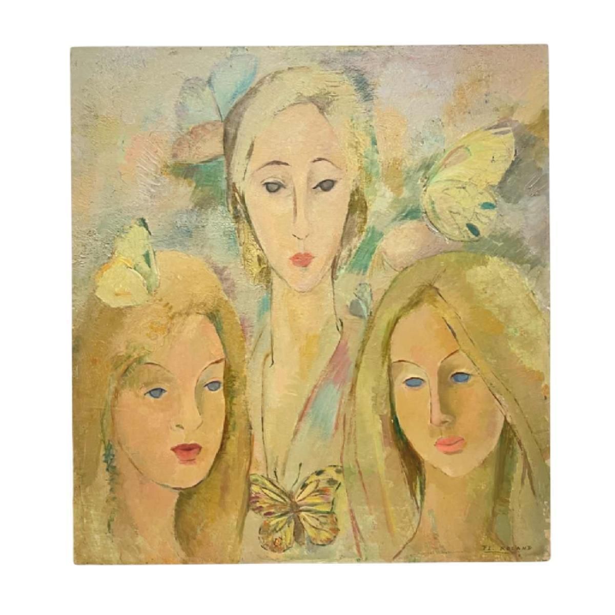 Art Roland Flory, The Butterflies, 3 Women's Faces, Oil Painting On Panel, 1975 photo