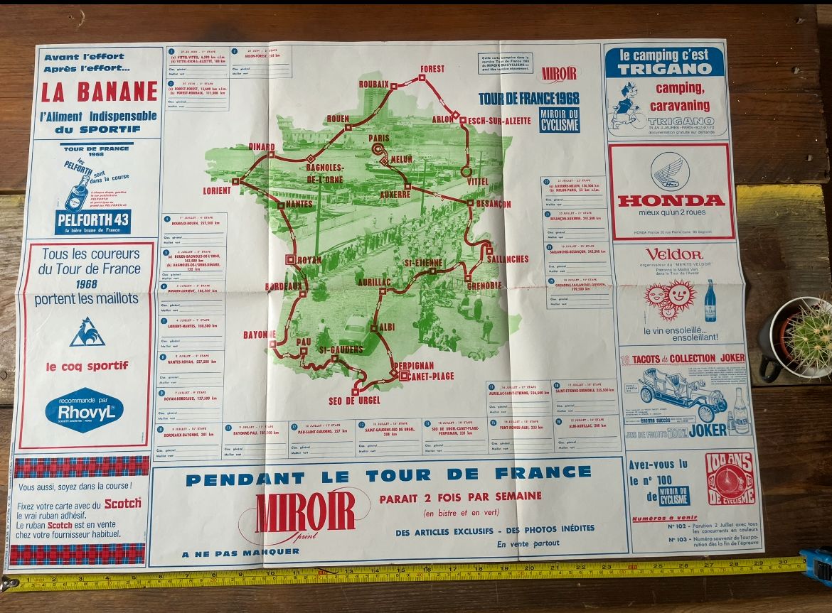 Vintage Cycling Print   Tour De France Route Map, 1968 photo vinterior