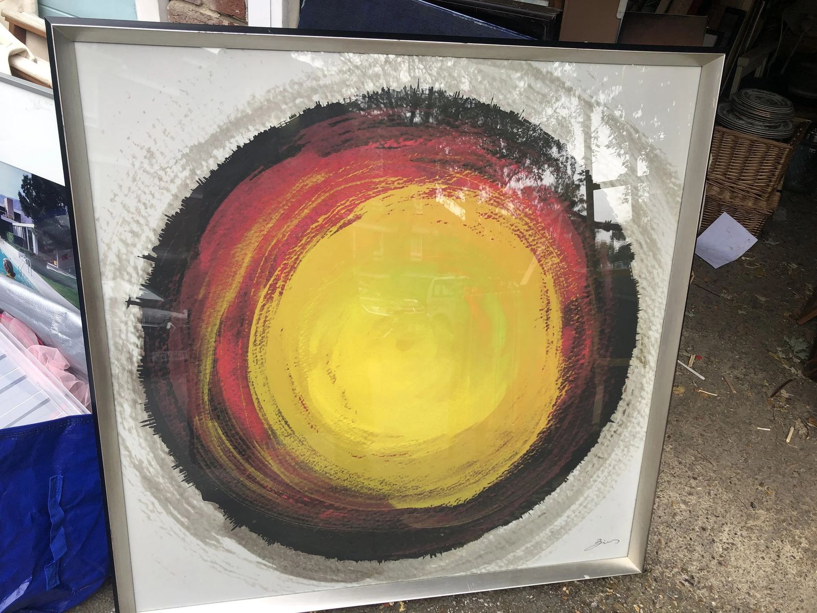 Abstract Print Of The Sun 1960s Large Silver Frame Signed Zuis