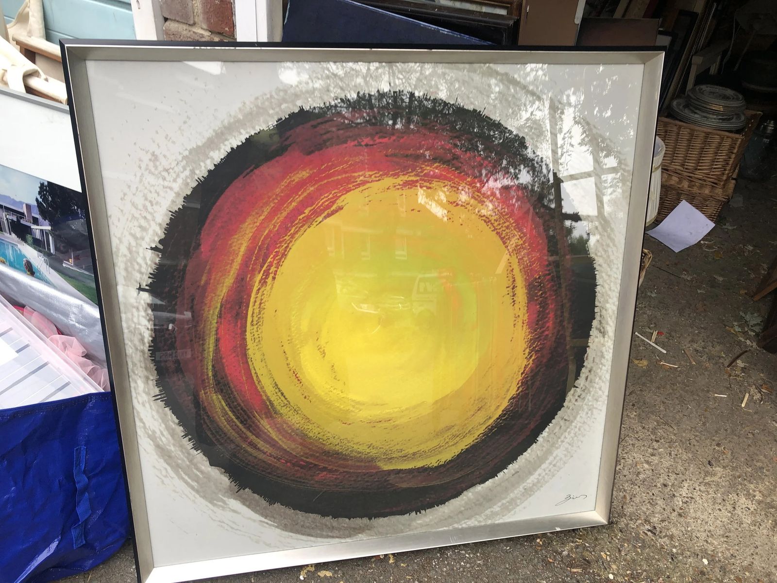 Abstract Print Of The Sun 1960s Large Silver Frame Signed Zuis photo Art
