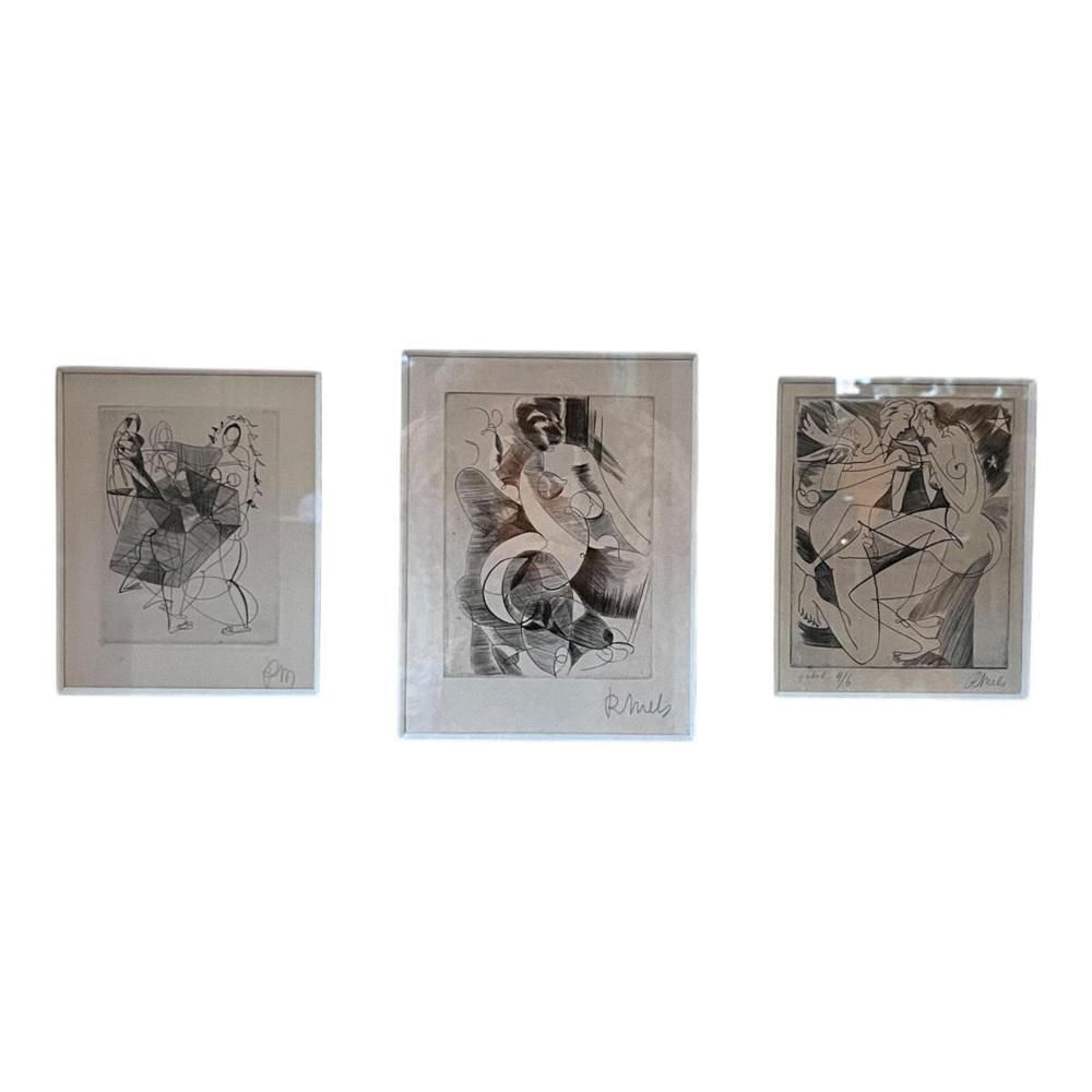 photo vintage René Mels (Meulemans), Composities, Etsen, 1945, Set Van 3