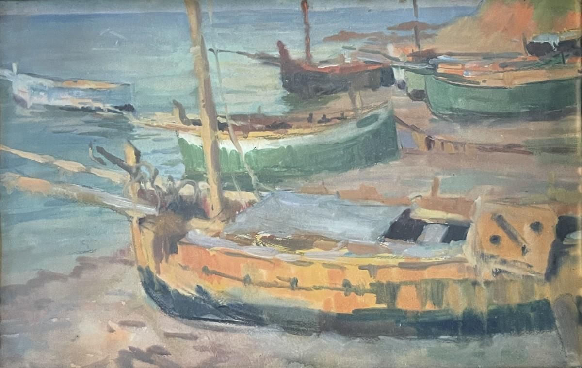 photo vinterior Jules Van De Leene, Stranded Boats, Gouache, Jaren 1920
