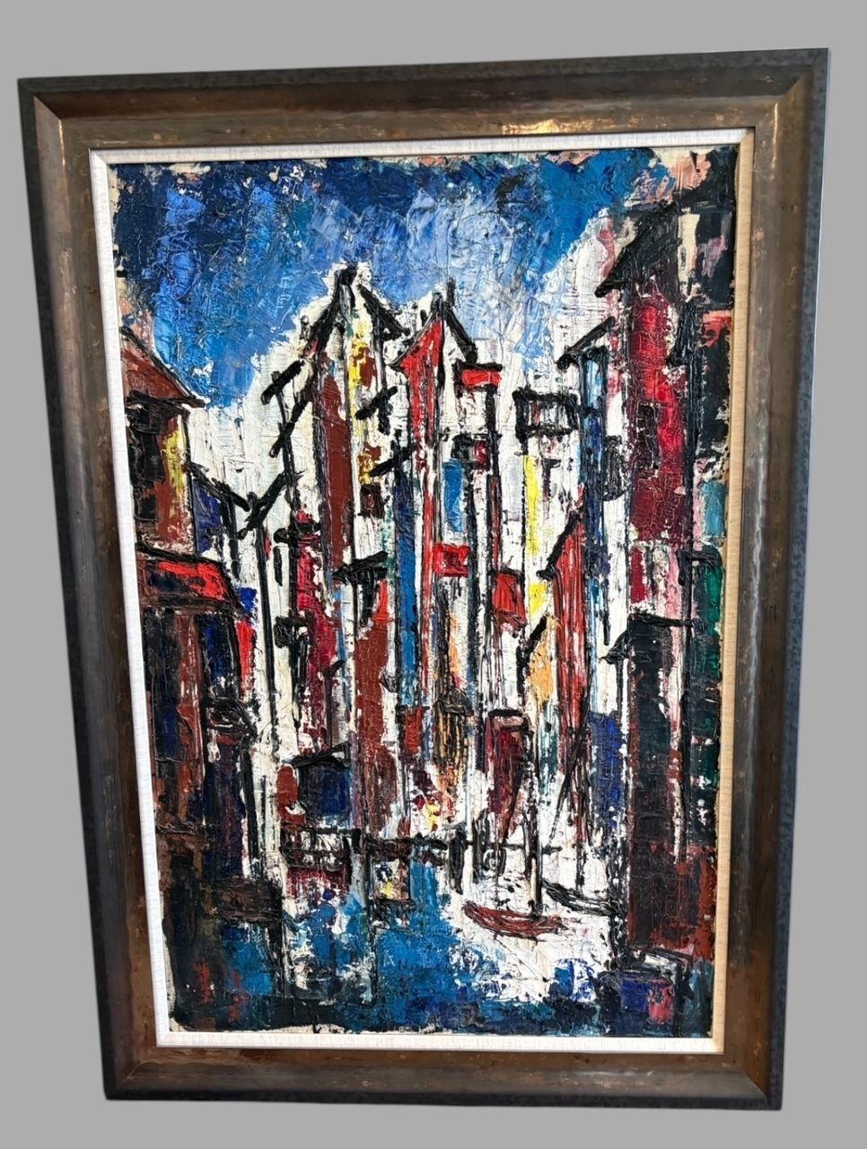 Large Mid Century Expressionist Cityscape – Mixed Media, Signed ‘Nissan’