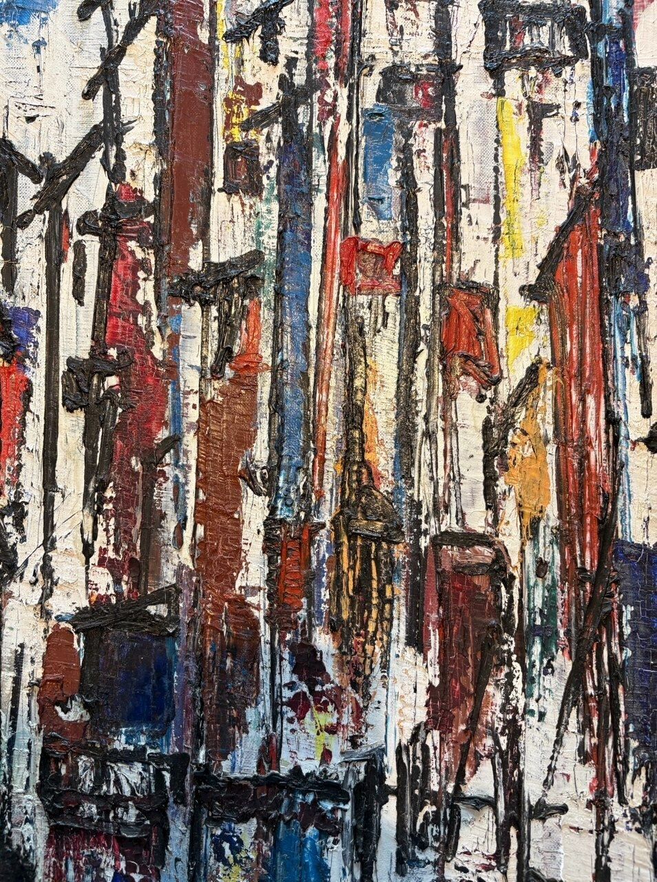 Large Mid Century Expressionist Cityscape – Mixed Media, Signed ‘Nissan’ photo for sale