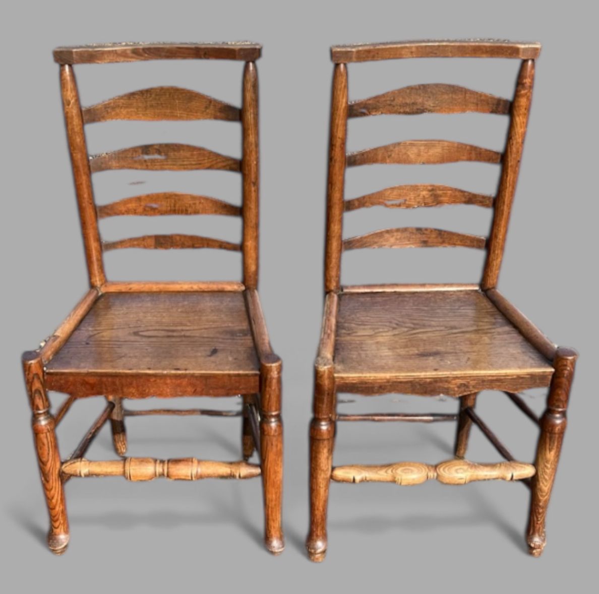 Pair Of Antique English Country Ladder Back Chairs (C.1890–1920)