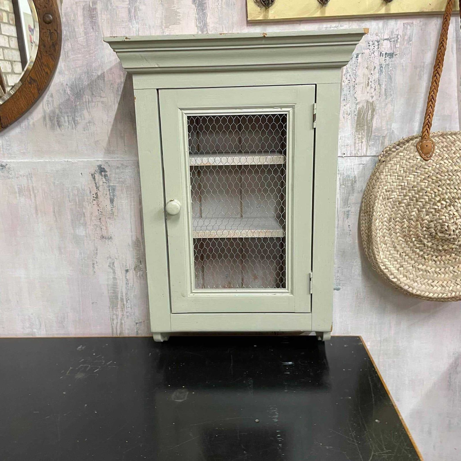 Painted Shabby Chic Kitchen Wall Cupboard 2 Shelves Chicken Wire Door photo furniture
