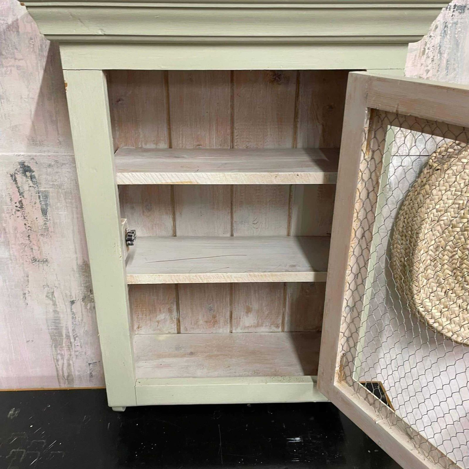 Painted Shabby Chic Kitchen Wall Cupboard 2 Shelves Chicken Wire Door photo for sale