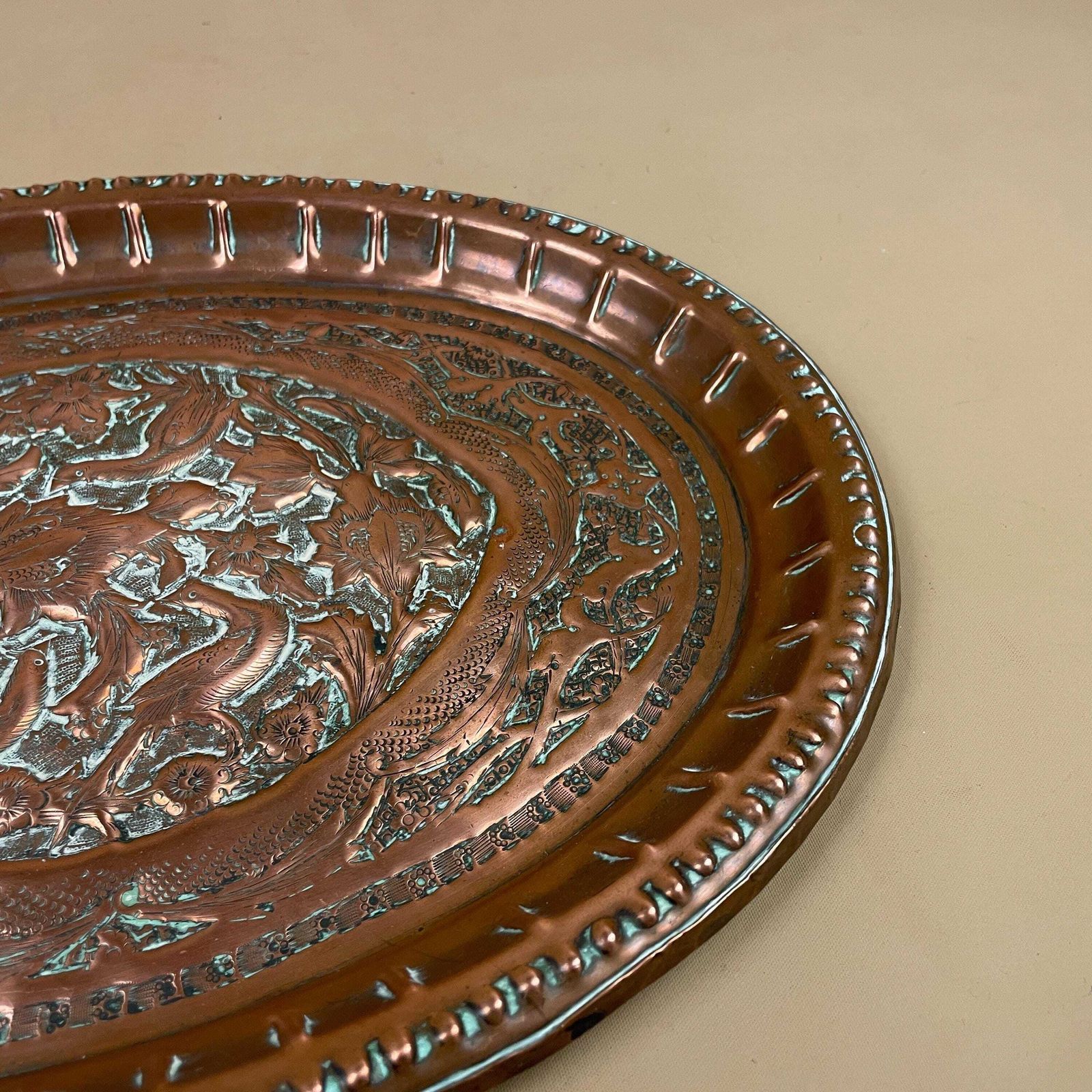 Antique Metal Copper Indian Patterned Tray 37x27cm Plate Asian Handmade Etched Intricate Decorative Pattern Wall Hanging Art Oval Vintage photo vinterior