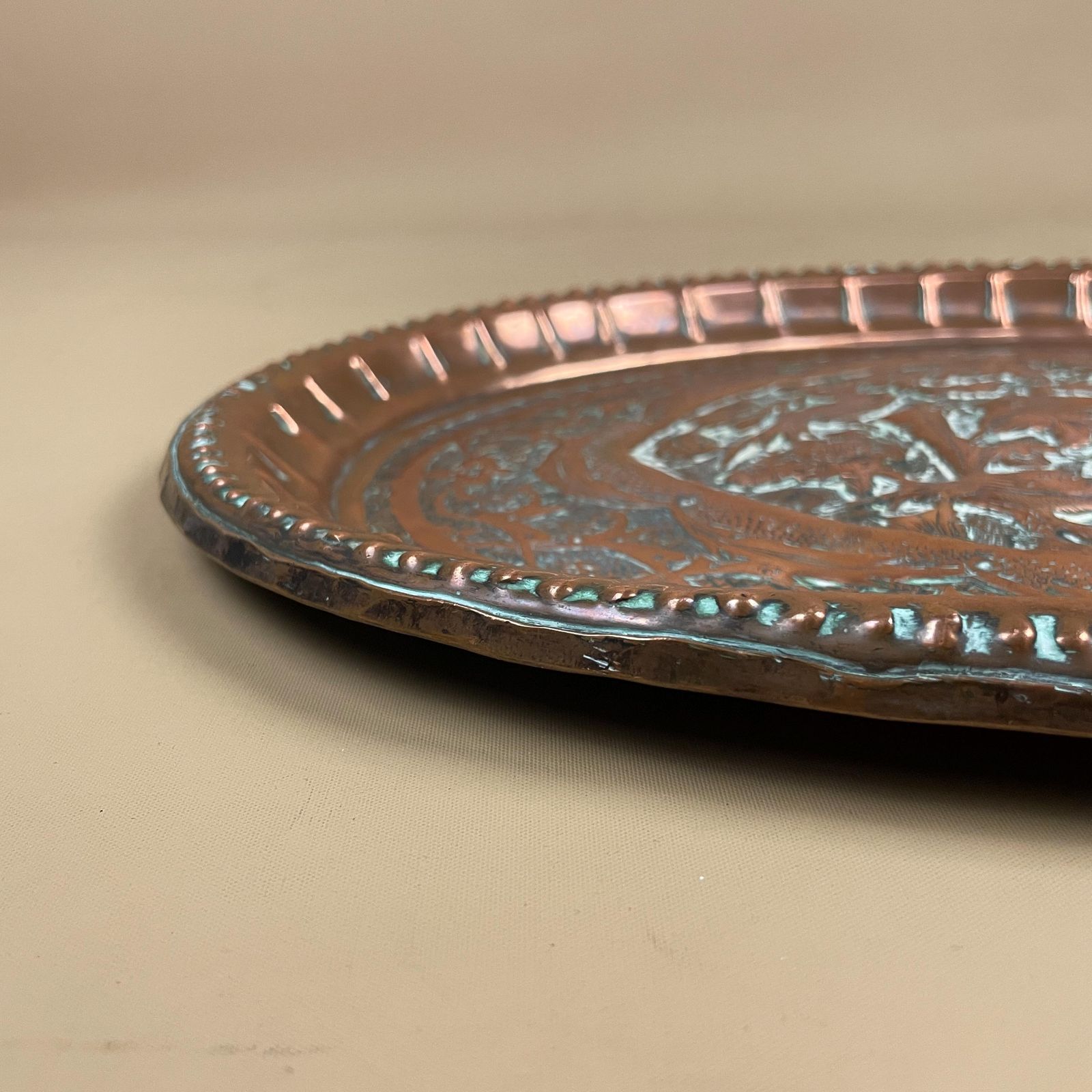 Antique Metal Copper Indian Patterned Tray 37x27cm Plate Asian Handmade Etched Intricate Decorative Pattern Wall Hanging Art Oval Vintage photo buy