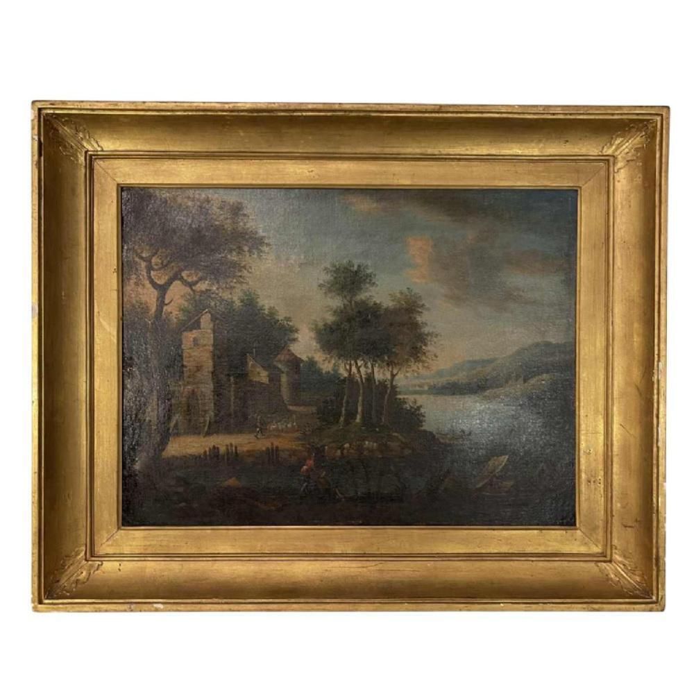 1937.0 Italian School Artist, Lakescape With Forest Animated By Characters, Oil On Canvas, 18th Century, Framed photo