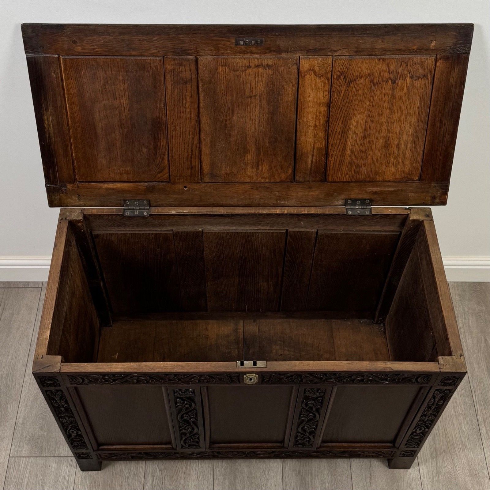 photo for sale Antique 19th Century Good Quality Carved Oak Coffer