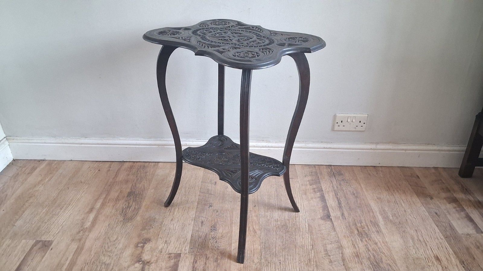 Arts And Crafts Ebonised Hardwood Japanese Carved Hall /Side/Lamp ..Table