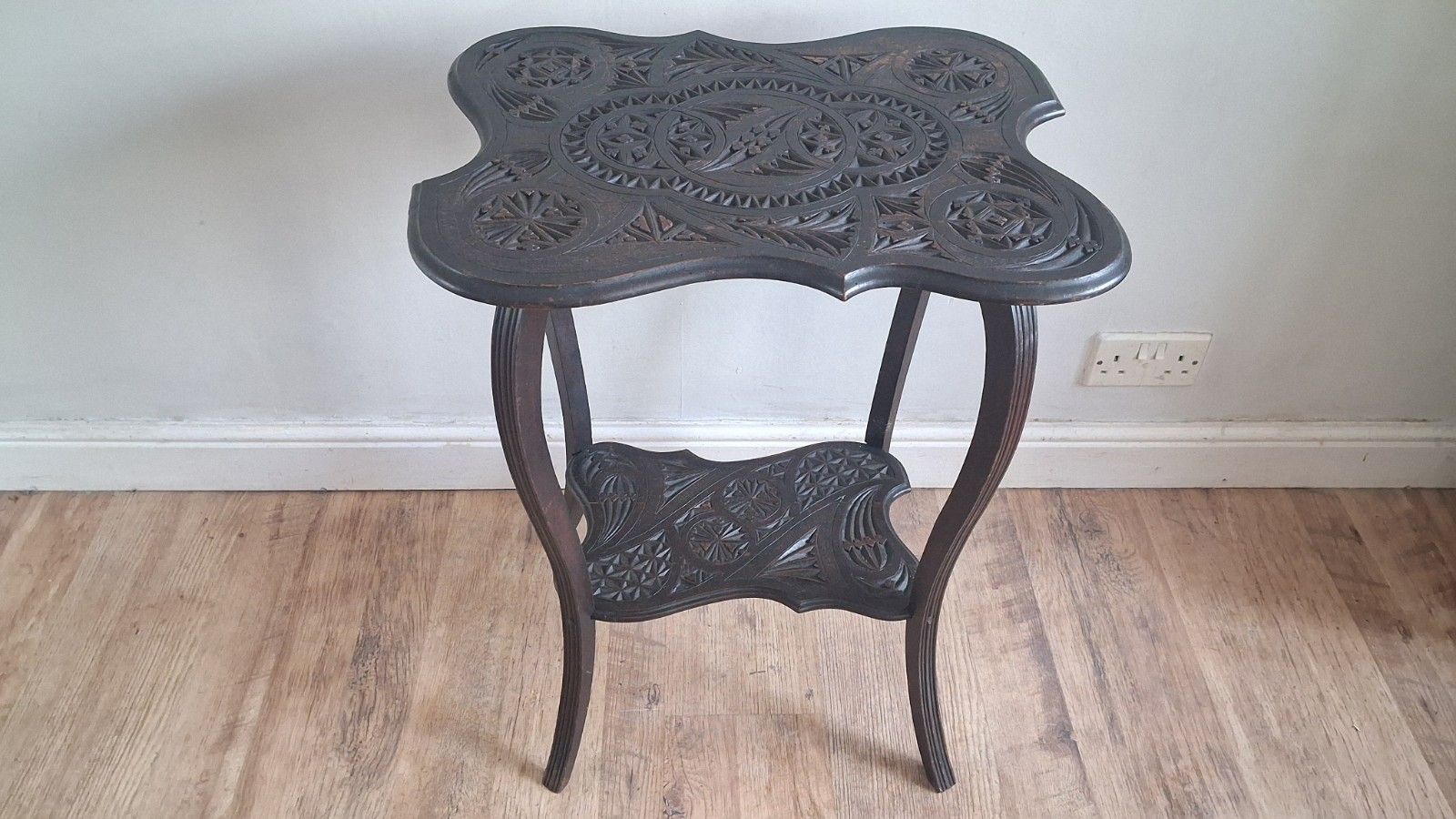 Arts And Crafts Ebonised Hardwood Japanese Carved Hall /Side/Lamp ..Table photo for sale
