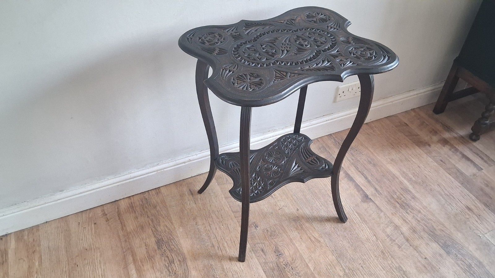 photo furniture Arts And Crafts Ebonised Hardwood Japanese Carved Hall /Side/Lamp ..Table