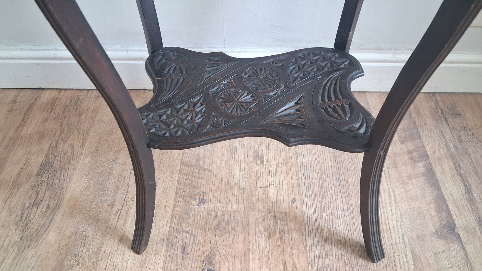 255.0 Arts And Crafts Ebonised Hardwood Japanese Carved Hall /Side/Lamp ..Table photo
