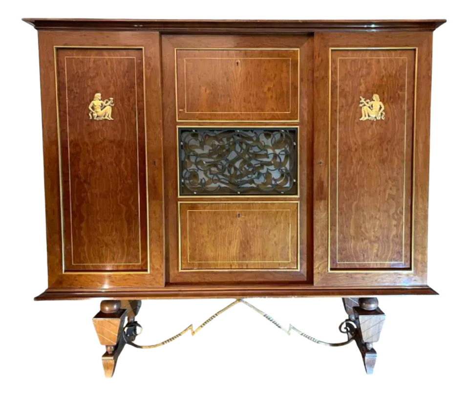 Art Deco Dresser Or Bar In Veneers, Bronze And Ironwork, 1930s 1940s