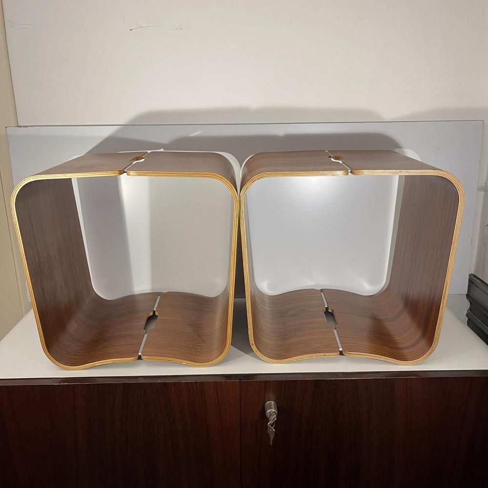 photo vintage Scandinavian Stools Or Side Tables In Curved Multiplex Wood, Rosewood And Aluminum In The Style Of Alvar Aalto, 1970s, Set Of 2